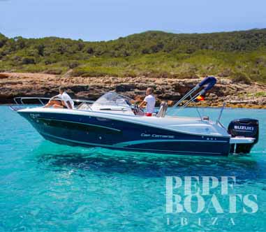 lancha fondeo aguas turquesas logo PepeBoats Ibiza